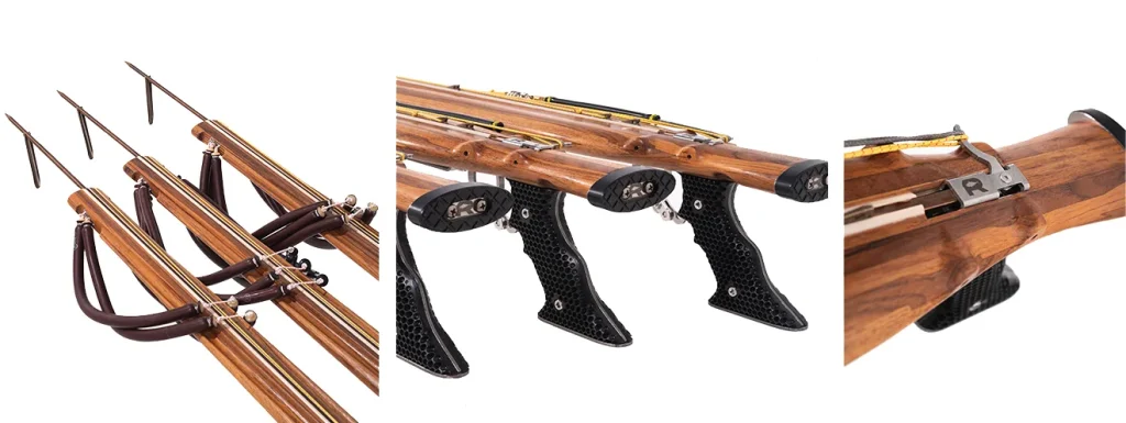 Handcrafted teak speargun with ergonomic grip design.